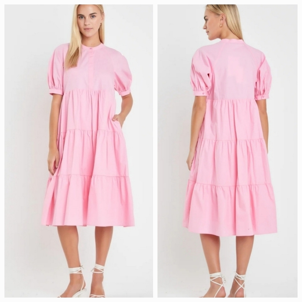 ❤️ ENGLISH FACTORY TIERED PUFF SLEEVE COTTON MIDI DRESS, XS